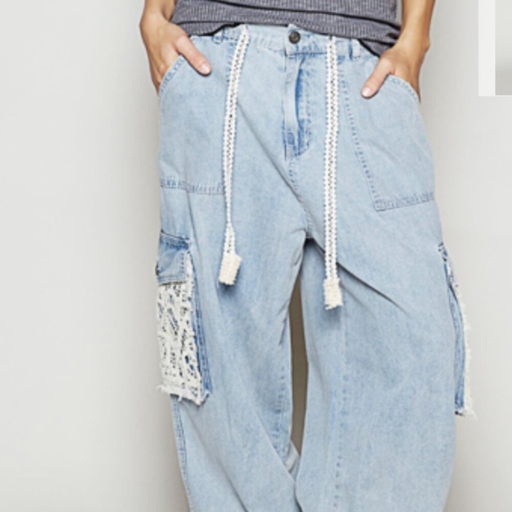 POL Light Blue Denim Wide-Leg Pants with Crochet Trim